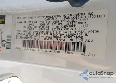 2007 Toyota Tacoma from USA, damaged, VIN 5TENX22N97Z374011